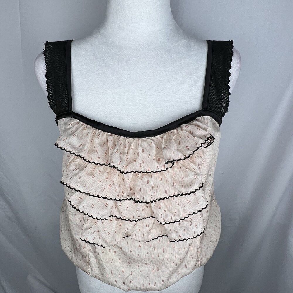 Chelsea Flower Ruffle Front Top 100% Silk Blush Pink Black Trim Size M Coquette - Picture 2 of 16